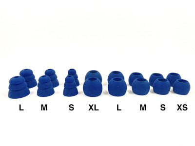 display of earbud tips sizing for secure fit headphones located on h2o audio waterproof headphones homepage